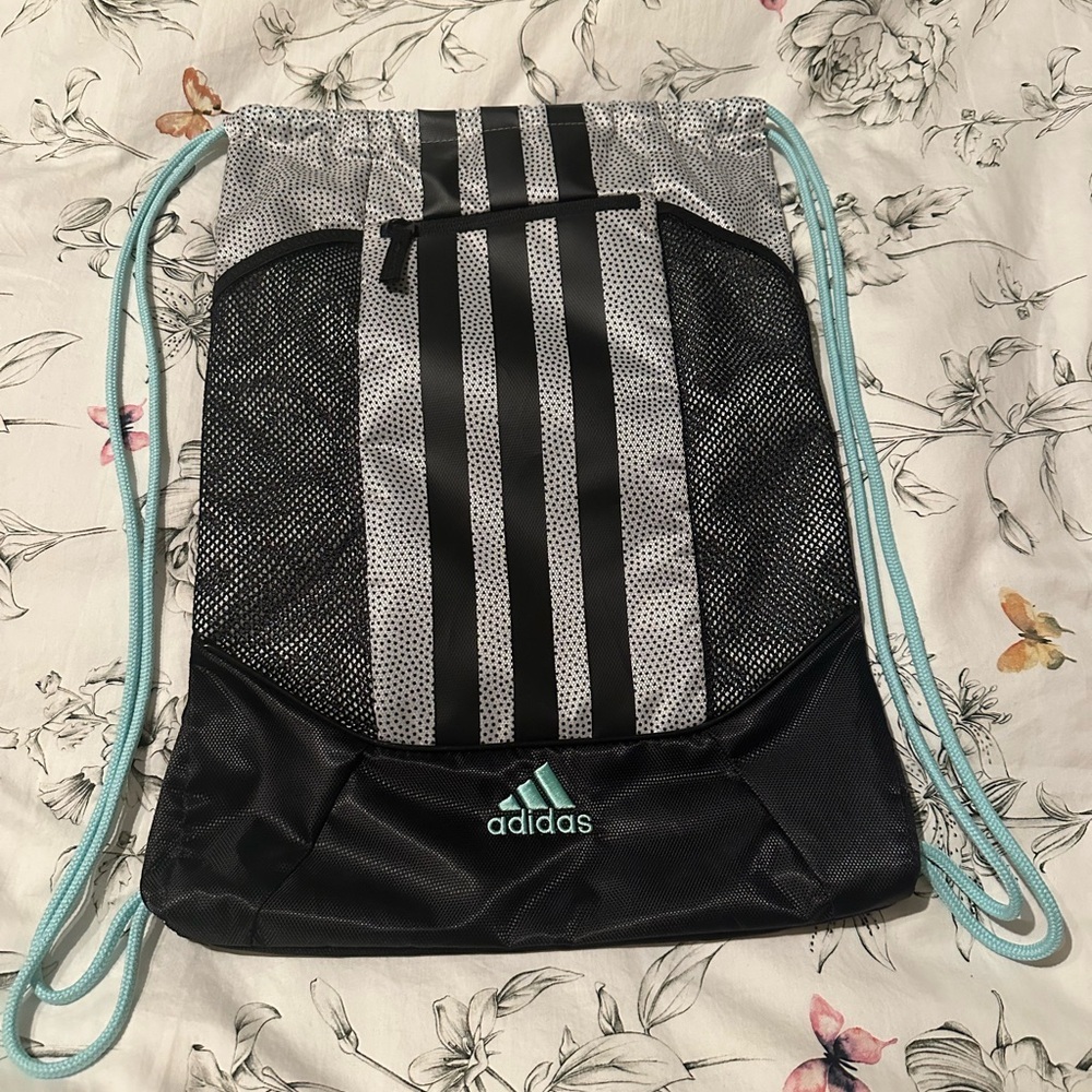 Adidas Black, Gray and Turquoise Drawstring Backpack